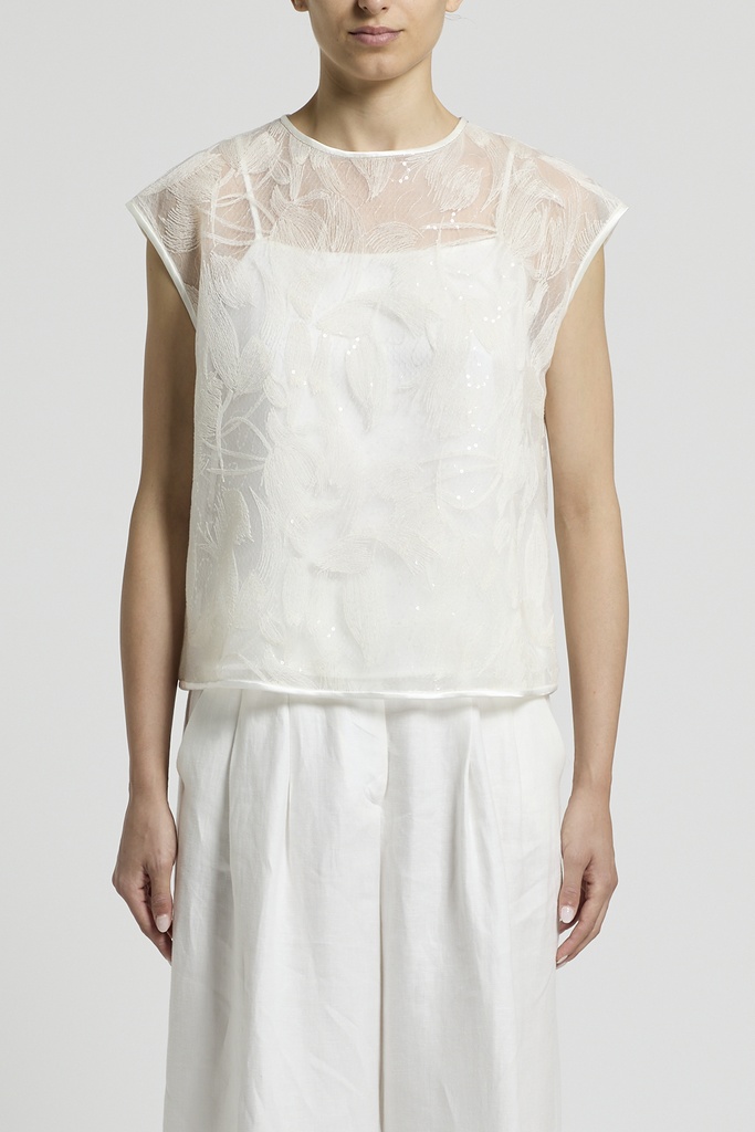 Woman Shirt Cotton And Sequin Embroidered Light Tulle Solar White