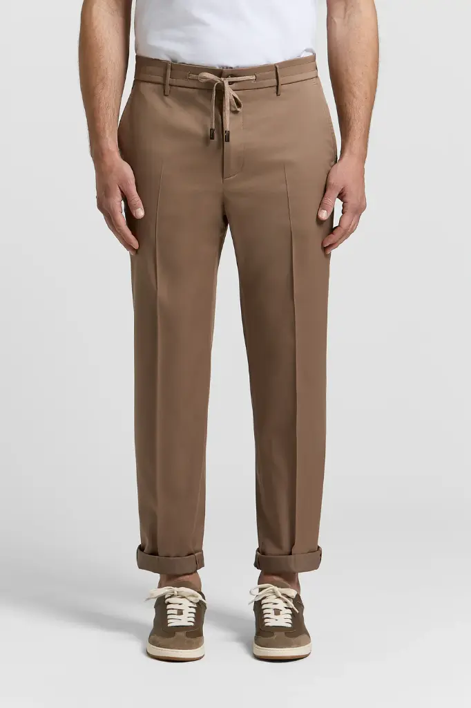Jogger man pants with drawstring Luxury cotton wool blend twill Zegna fabric Mediterranean Brown