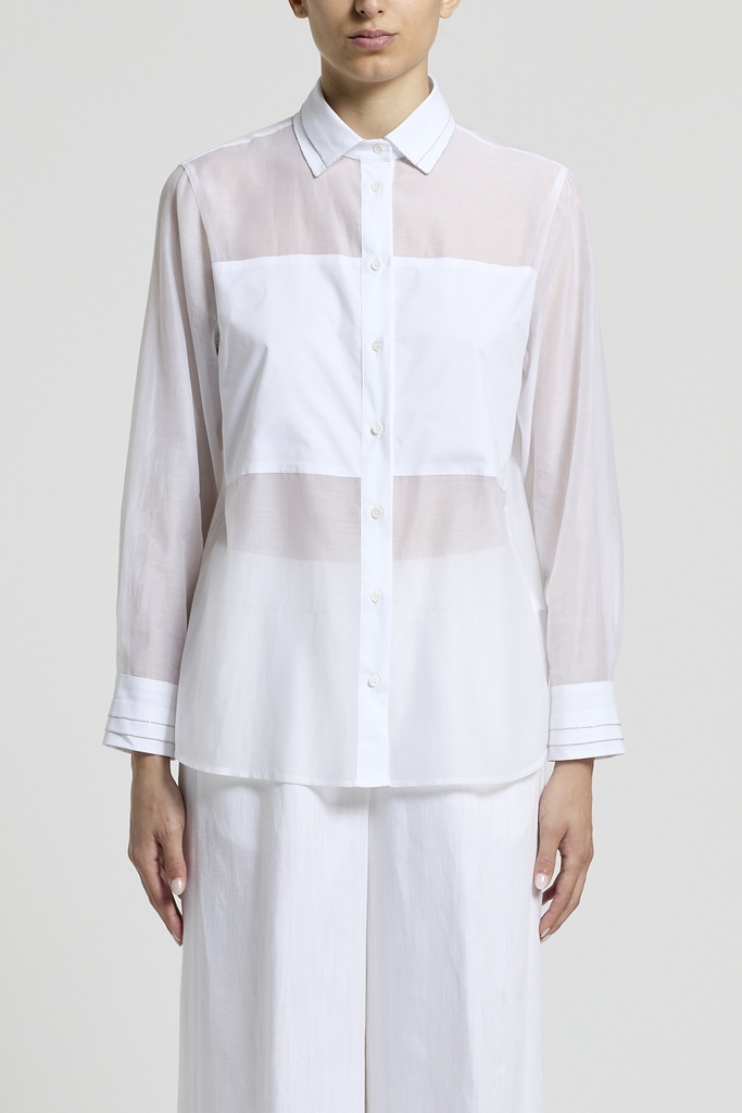 Woman Shirt Silk Cotton Organza and Stretch Cotton Popeline Natural White