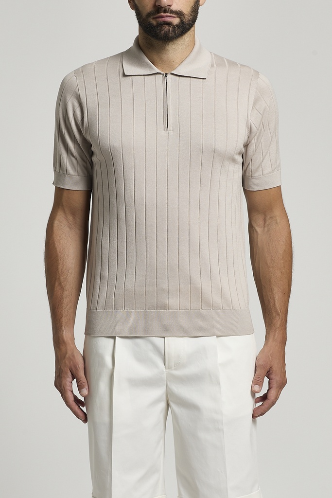 Knitted zipped Polo shirt Cotton silk blend yarn Marine wood beige