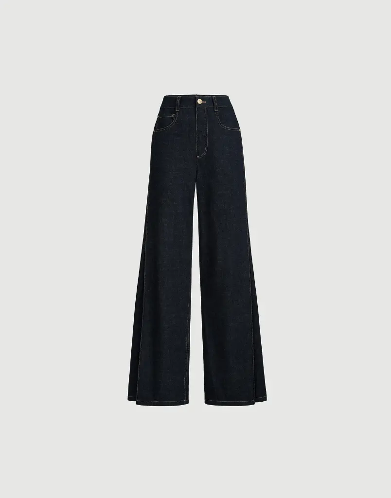 No Fade Denim Loose Flared Trousers With Monili