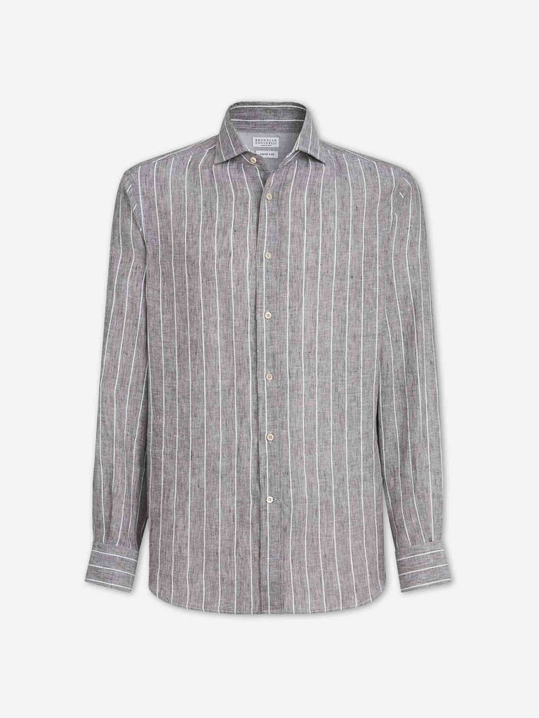 Chalk stripe linen easy fit shirt with spread collar