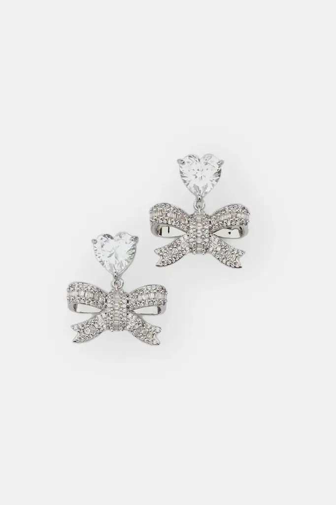 Crystal Heart Bow Drop Earrings