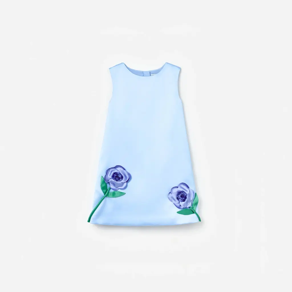 Blue Bonded Satin 3D Flower Dress