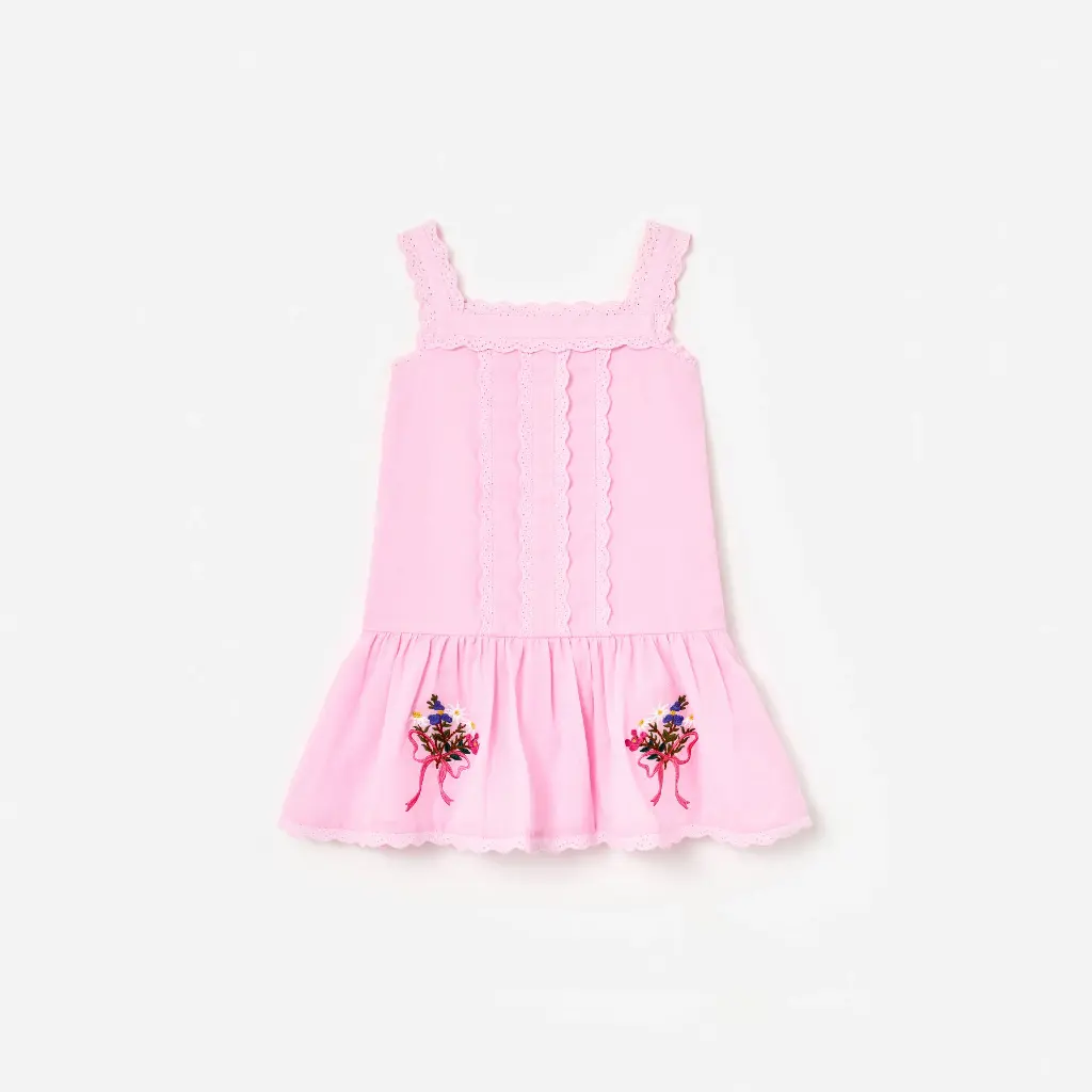 Pink Ramie Flower Embroidered Dress