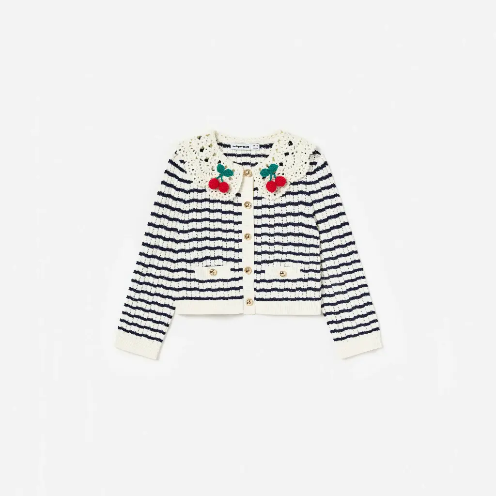 Cream And Navy Striped Knitted Cardigan