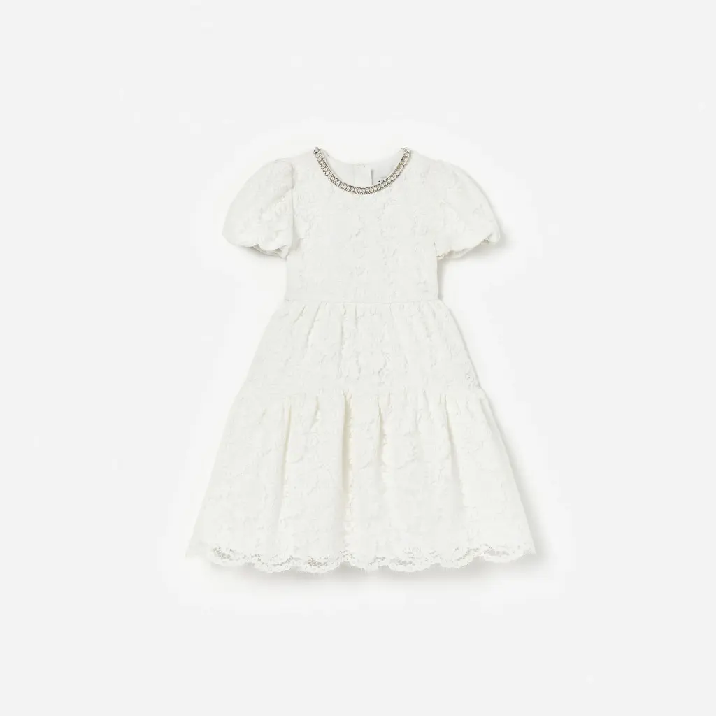 White Lace Pearl Trim Dress