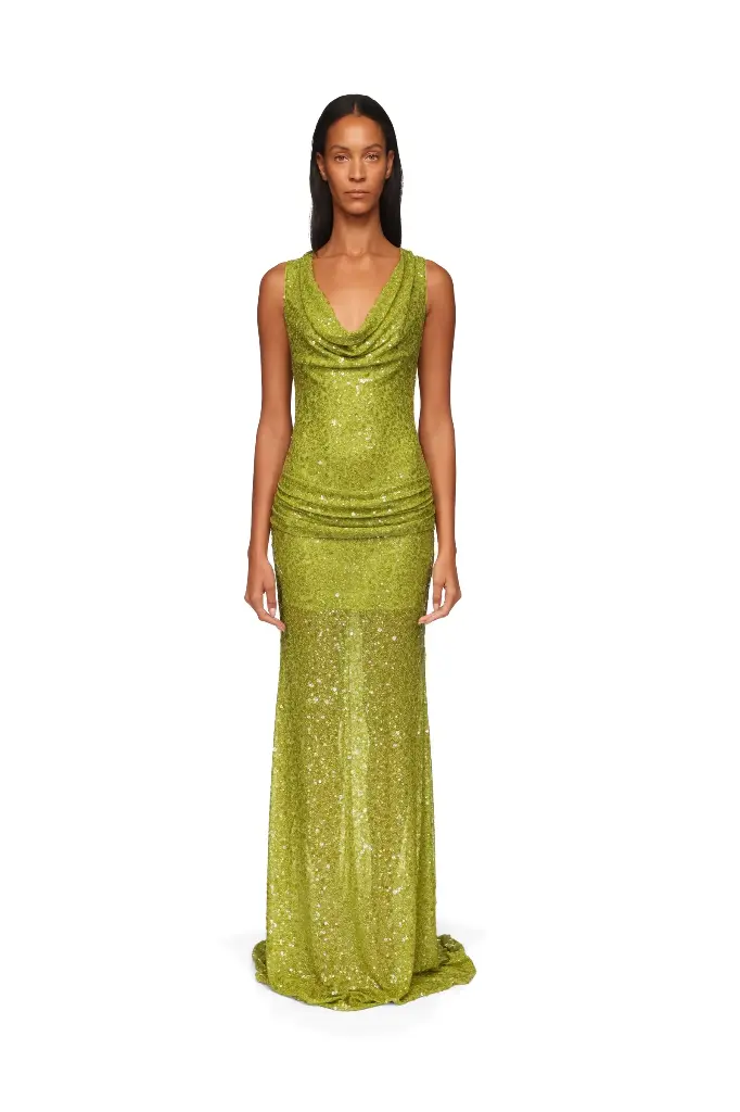 Plunge Neckline Sequin Embellished Gown
