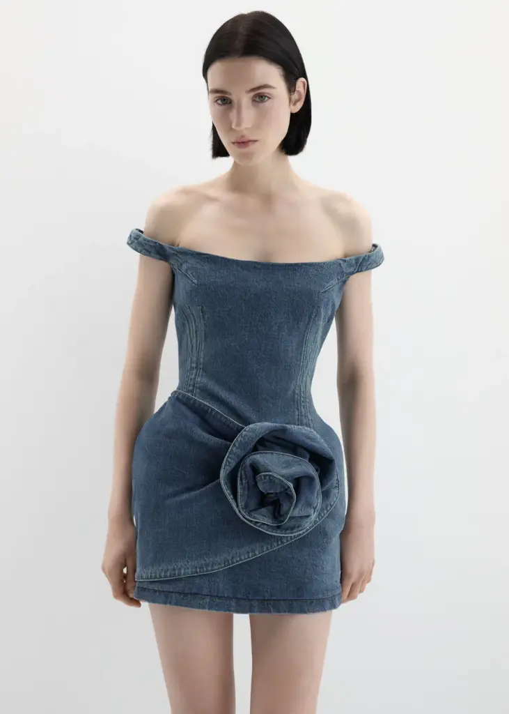 Off-Shoulder Denim Mini Dress with Sculpted Flower 