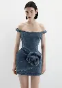 Off-Shoulder Denim Mini Dress with Sculpted Flower 