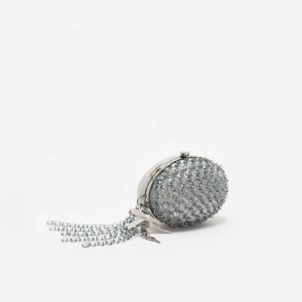 Grey Oval Crystal Chain Clutch Bag 