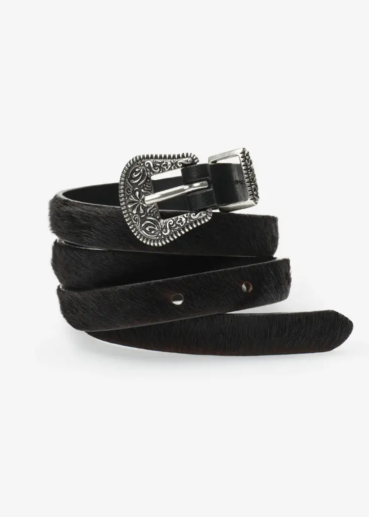Pony Hair Leather Belt with Ornamental Buckle in Black