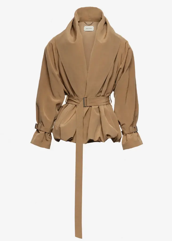 Draped Collar Viscose and Linen Jacket in Beige