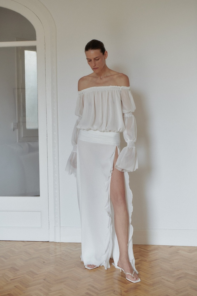 White Off Shoulder Chiffon Dress with Side Slit