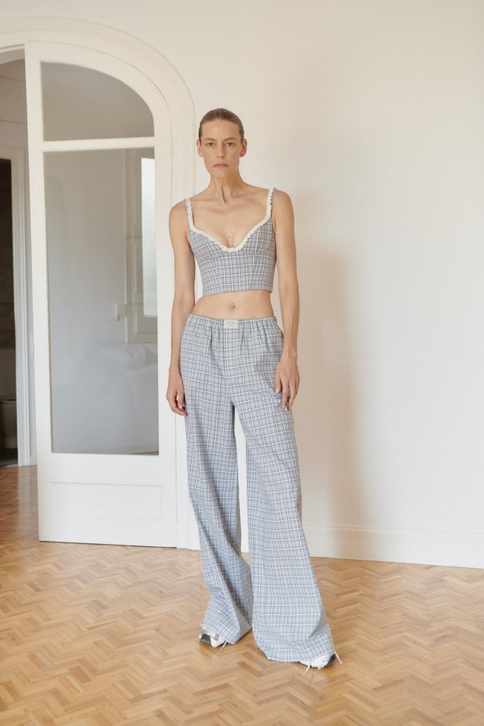 Blue Plaid Cotton Poplin Pants