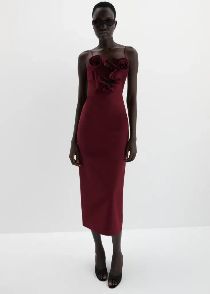 Cotton and Silk Flower Detail Midi Beach Dress in Burgundy