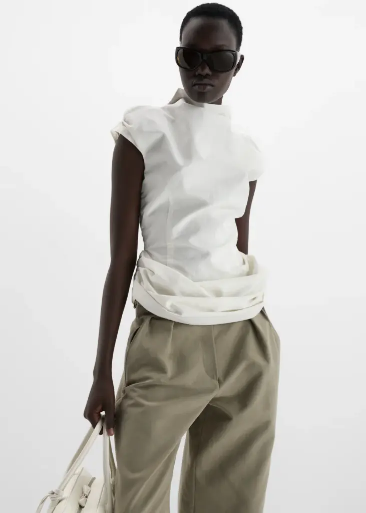Fitted Draped Blouse with Stand Collar in Cream