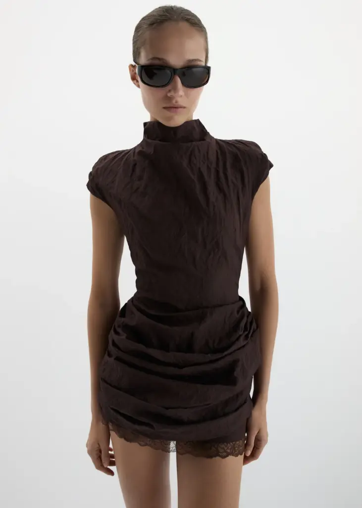 Fitted Draped Mini Dress with Stand Collar in Brown