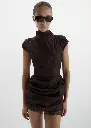 Fitted Draped Mini Dress with Stand Collar in Brown
