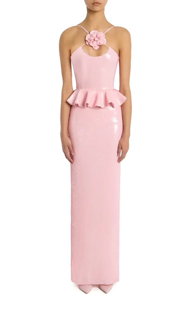 Pink Sequin Peplum Gown With Sequin Flower Pin