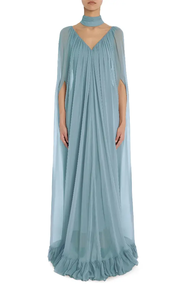 Blue Silk Chiffon Cape Gown with Ruffle Detail