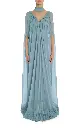 Blue Silk Chiffon Cape Gown with Ruffle Detail