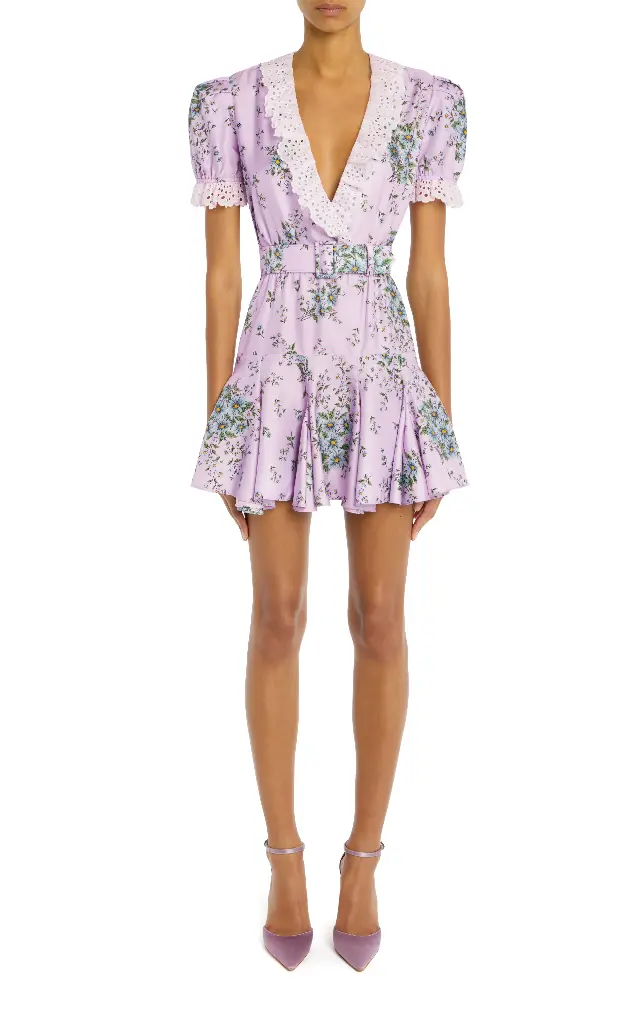 Lavender Daisy Silk Twill Mini Dress With Broderie Anglais Ruffle And Belt