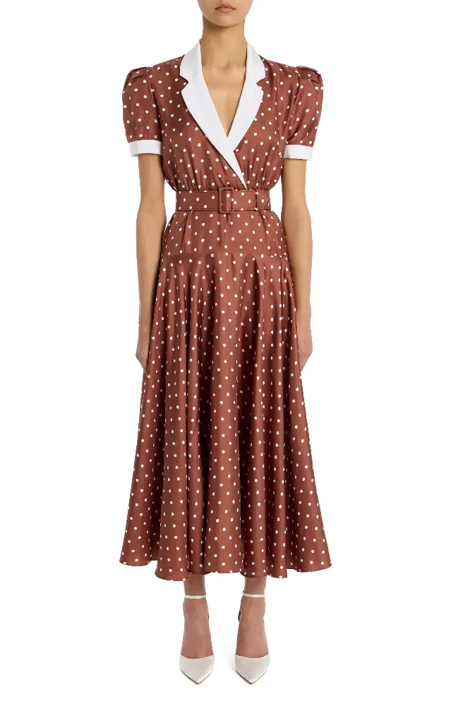Polka Dot Printed Silk Twill Collared Dress With Belt