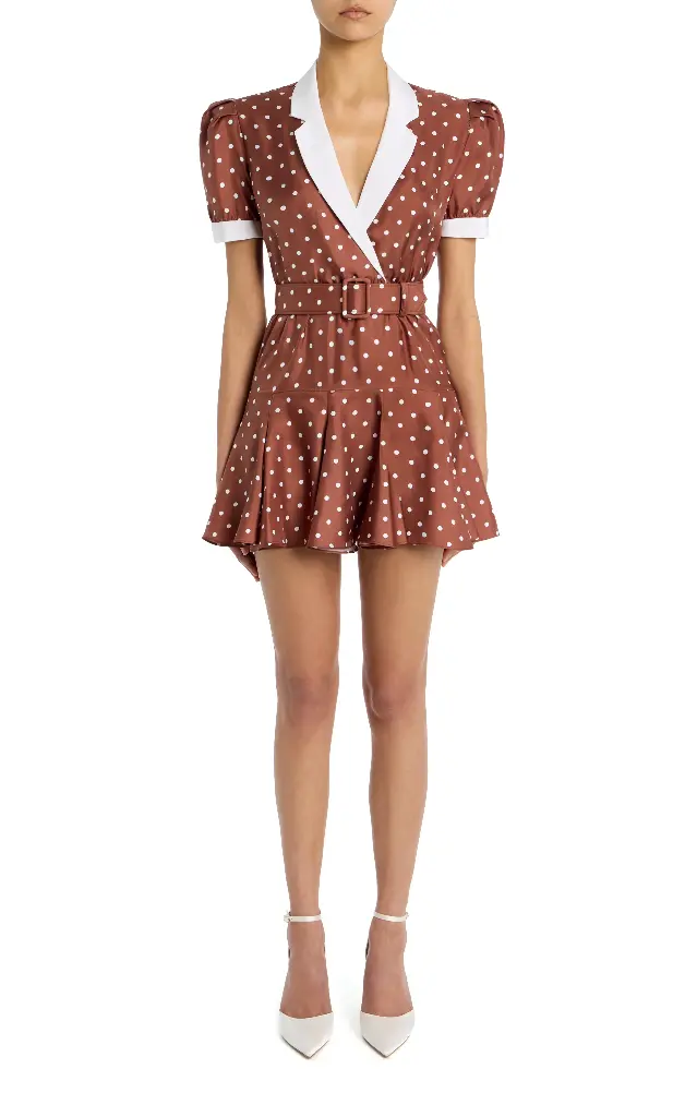 Polka Dot Print Silk Twill Collared Mini Dress With Belt