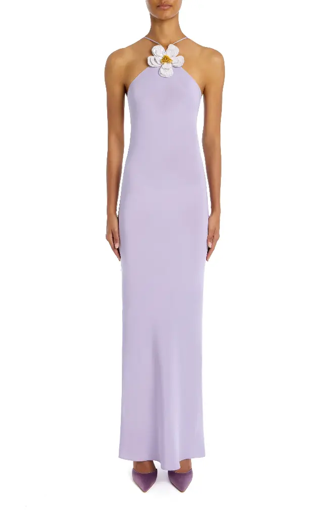 Daisy Beaded Lavender Silk Halter Gown