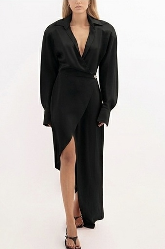 [104110] Crystal Buckle Embroidery Satin Wrap Shirt Dress