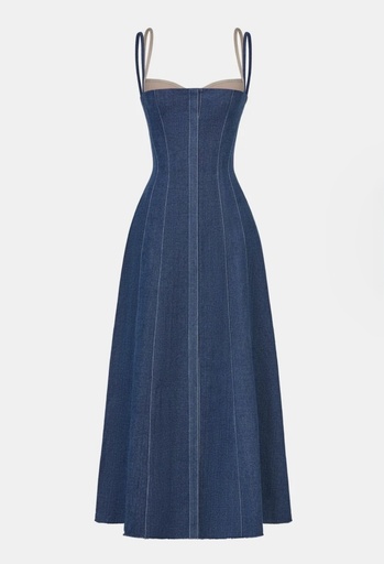 [108229] Ladies Dress Denim Blue Corset Midi Dress