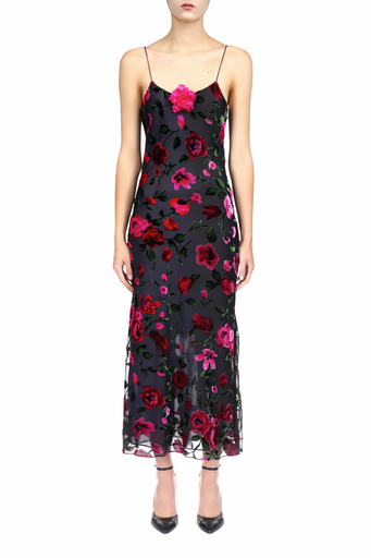 [108467] Velvet Devoré Slip Dress With Silk Flower Pin