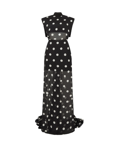 [108565] Polka Dot Printed Chiffon Gown With Open Back