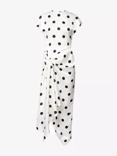 [108571] Polka Dot Print Midi Dress With Front Drape