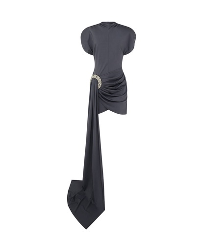 [108575] Drape Overlay Dress With Flat Crystal Spiral Embr