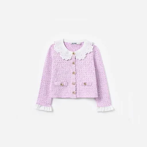 [108743] Pink Pointelle Ribbed Knit Cardigan