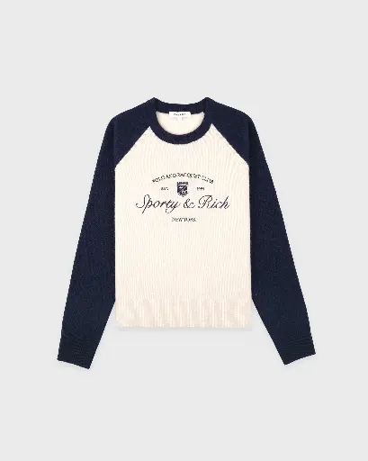 [109194] Syracuse Cashmere Baseball Sweater Cream and Blue
