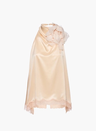 [109376] Silk open-back lace-trim blouse in peach