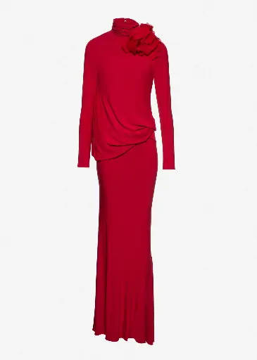 [109390] Long open-back dress with high neck and floral detail in red