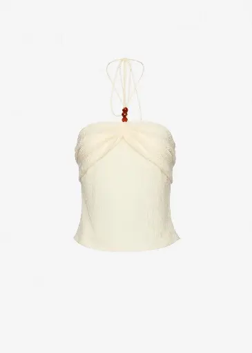 [109397] Draped halterneck top with beads in cream
