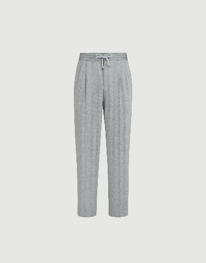 Linen And Virgin Wool Chevron Trousers With Drawstring And Double Pleats
