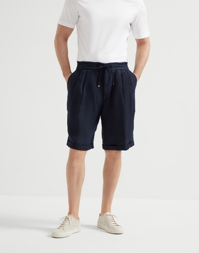 Garment-Dyed Bermuda Shorts In Linen Gabardine With Drawstring And Pleat
