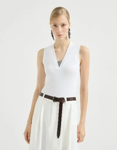 Stretch Cotton Jersey T-Shirt With Precious Faux Layering