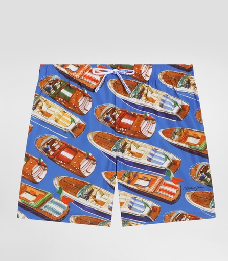 Medium Nylon Swim Shorts With Motorboat Print And Stripes
