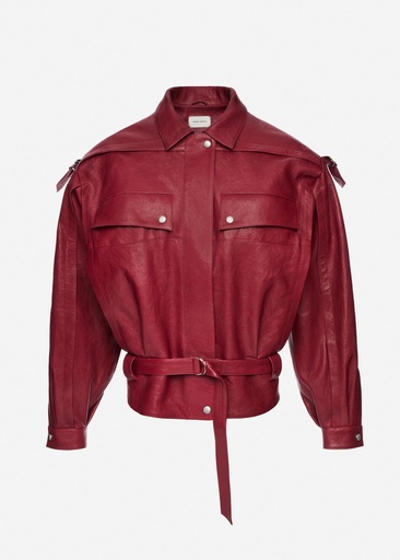 [110903] Oversized belted leather jacket in cherry red