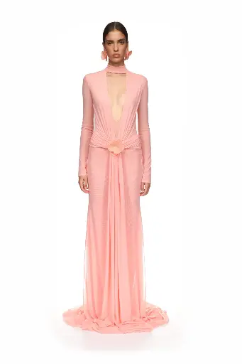 [111378] Lace Flower Plunge Gown In Peach