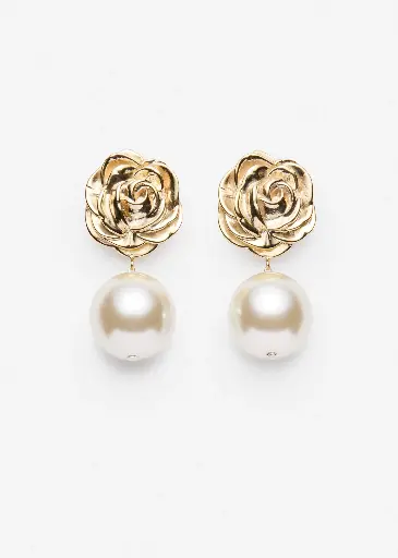 [119043] Rose Pearl Drop Earrings In Gold