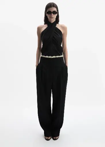 Lace Detail Wool Tapered Trousers In Black