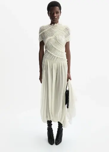 [119051] Ruched Muslin Midi Dress In Cream